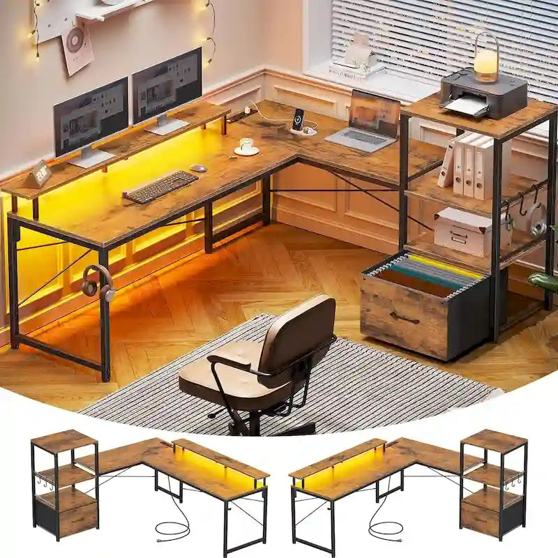Scrivania angolare per computer con cassetto portadocumenti in tessuto, scaffali a 3 livelli, prese di corrente, luci LED e supporto per monitor – Bianco / Nero / Marrone, Singolo