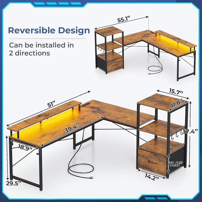 Scrivania angolare per computer con cassetto portadocumenti in tessuto, scaffali a 3 livelli, prese di corrente, luci LED e supporto per monitor – Bianco / Nero / Marrone, Singolo