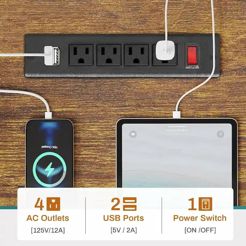 Scrivania angolare per computer con cassetto portadocumenti in tessuto, scaffali a 3 livelli, prese di corrente, luci LED e supporto per monitor – Bianco / Nero / Marrone, Singolo