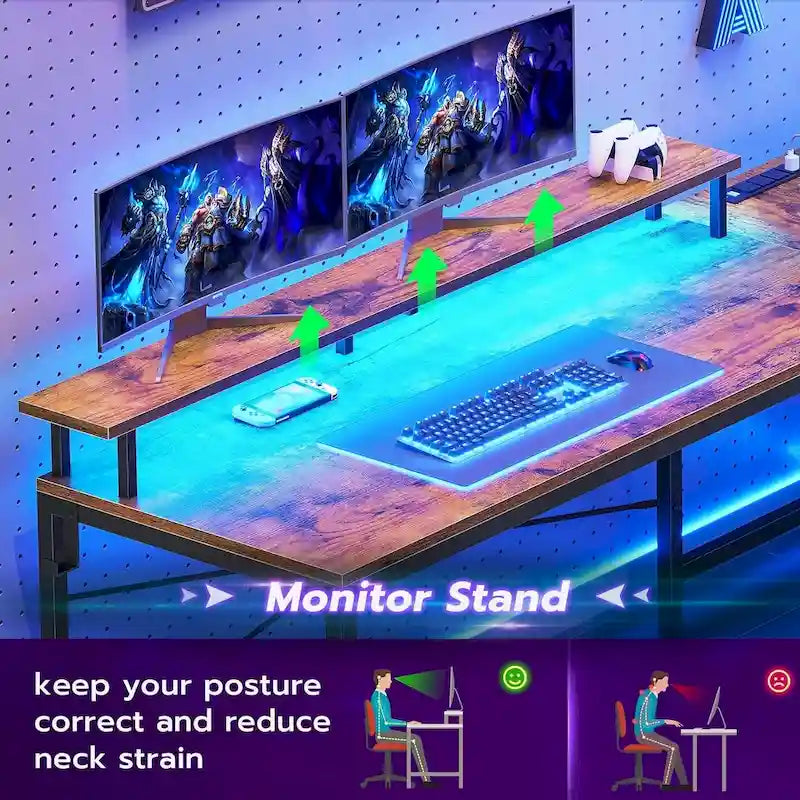 Scrivania angolare per computer con cassetto portadocumenti in tessuto, scaffali a 3 livelli, prese di corrente, luci LED e supporto per monitor – Bianco / Nero / Marrone, Singolo