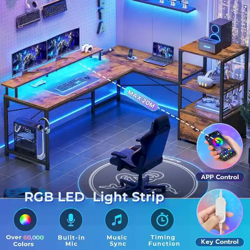 Scrivania angolare per computer con cassetto portadocumenti in tessuto, scaffali a 3 livelli, prese di corrente, luci LED e supporto per monitor – Bianco / Nero / Marrone, Singolo