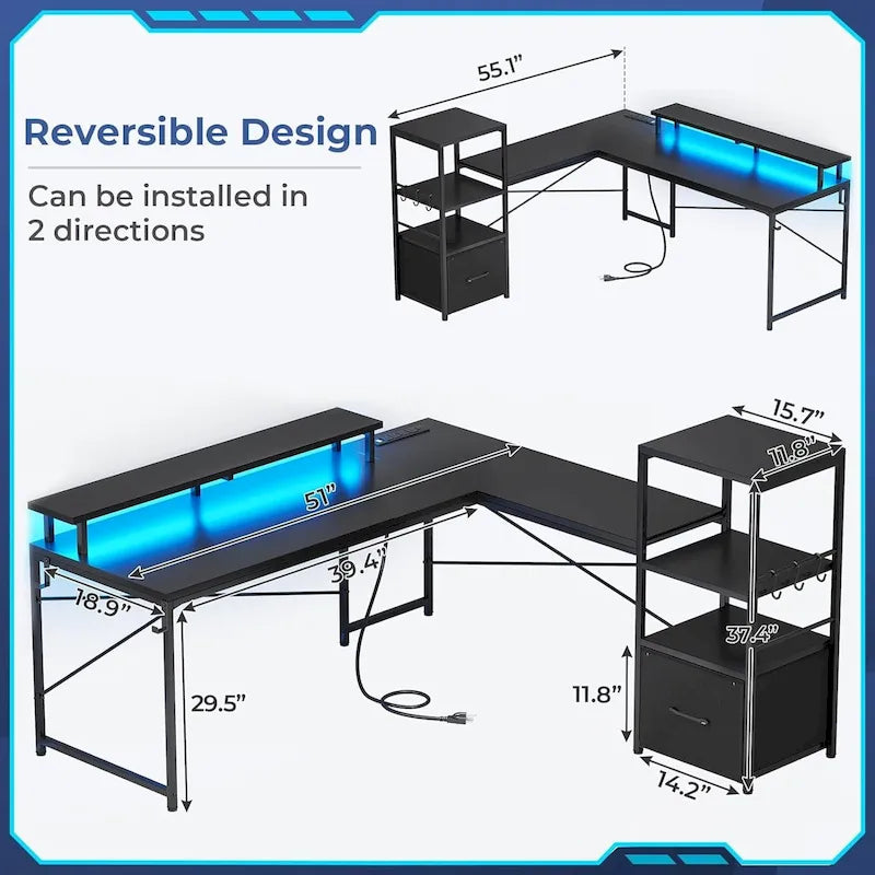 Scrivania angolare per computer con cassetto portadocumenti in tessuto, scaffali a 3 livelli, prese di corrente, luci LED e supporto per monitor – Bianco / Nero / Marrone, Singolo