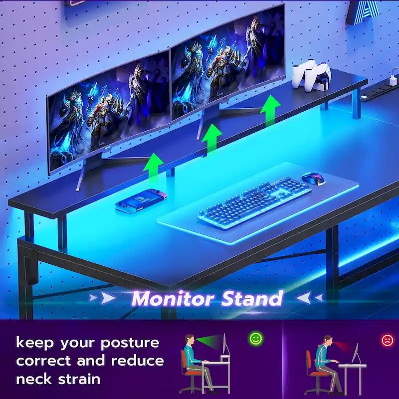 Scrivania angolare per computer con cassetto portadocumenti in tessuto, scaffali a 3 livelli, prese di corrente, luci LED e supporto per monitor – Bianco / Nero / Marrone, Singolo