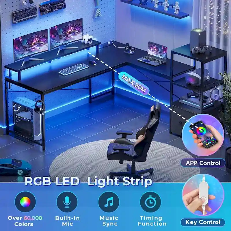 Scrivania angolare per computer con cassetto portadocumenti in tessuto, scaffali a 3 livelli, prese di corrente, luci LED e supporto per monitor – Bianco / Nero / Marrone, Singolo