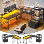 Scrivania angolare per computer con cassetto portadocumenti in tessuto, scaffali a 3 livelli, prese di corrente, luci LED e supporto per monitor – Bianco / Nero / Marrone, Singolo