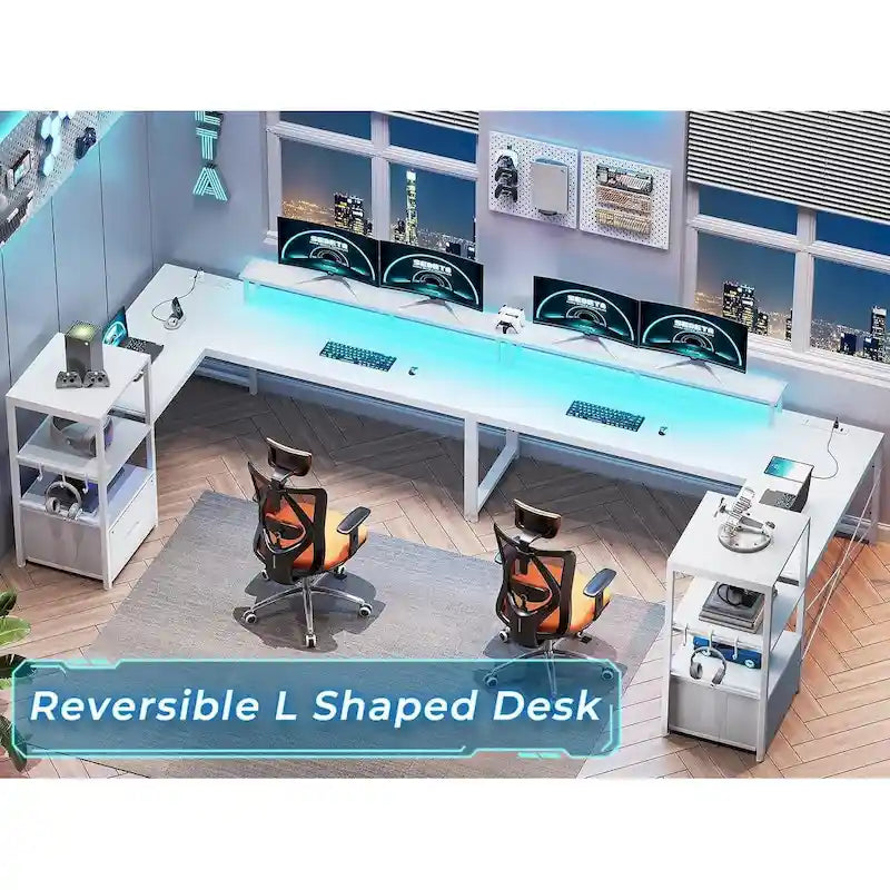 Scrivania angolare per computer con cassetto portadocumenti in tessuto, scaffali a 3 livelli, prese di corrente, luci LED e supporto per monitor – Bianco / Nero / Marrone, Singolo