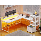 Scrivania angolare per computer con cassetto portadocumenti in tessuto, scaffali a 3 livelli, prese di corrente, luci LED e supporto per monitor – Bianco / Nero / Marrone, Singolo