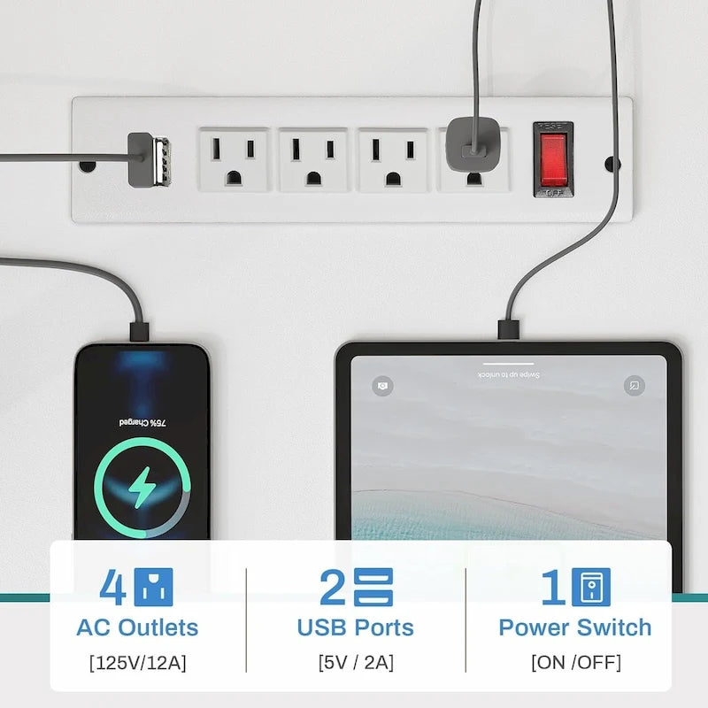 Scrivania angolare per computer con cassetto portadocumenti in tessuto, scaffali a 3 livelli, prese di corrente, luci LED e supporto per monitor – Bianco / Nero / Marrone, Singolo