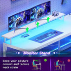 Scrivania angolare per computer con cassetto portadocumenti in tessuto, scaffali a 3 livelli, prese di corrente, luci LED e supporto per monitor – Bianco / Nero / Marrone, Singolo