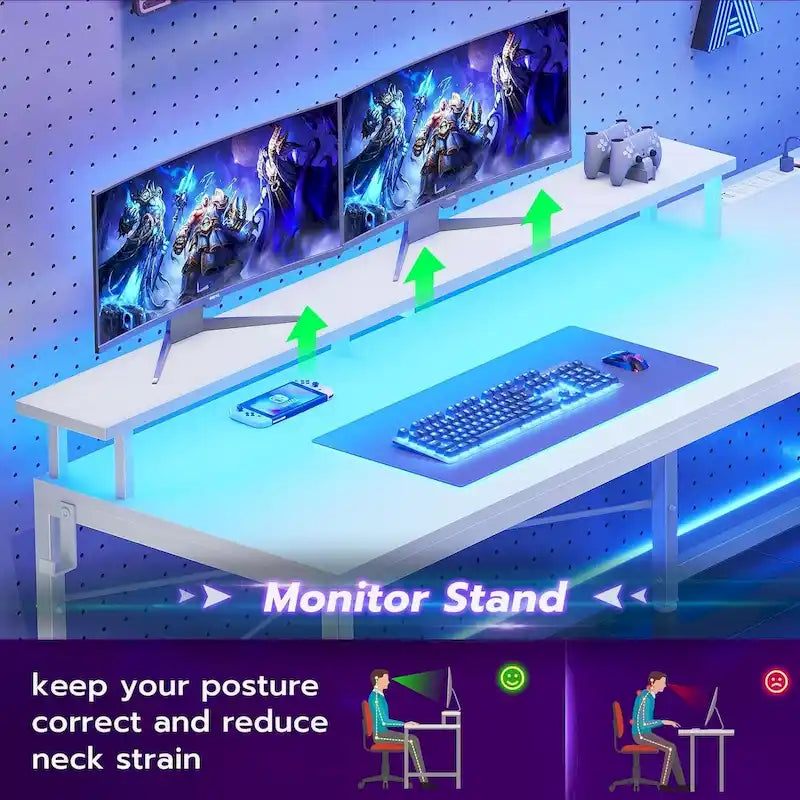 Scrivania angolare per computer con cassetto portadocumenti in tessuto, scaffali a 3 livelli, prese di corrente, luci LED e supporto per monitor – Bianco / Nero / Marrone, Singolo