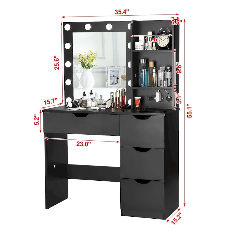 Tavolo da trucco con specchio LED, 4 cassetti e stazione di ricarica integrata – Nero / Bianco, Singolo