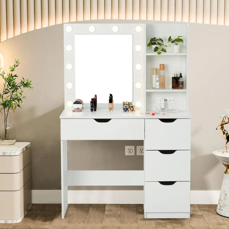 Tavolo da trucco con specchio LED, 4 cassetti e stazione di ricarica integrata – Nero / Bianco, Singolo