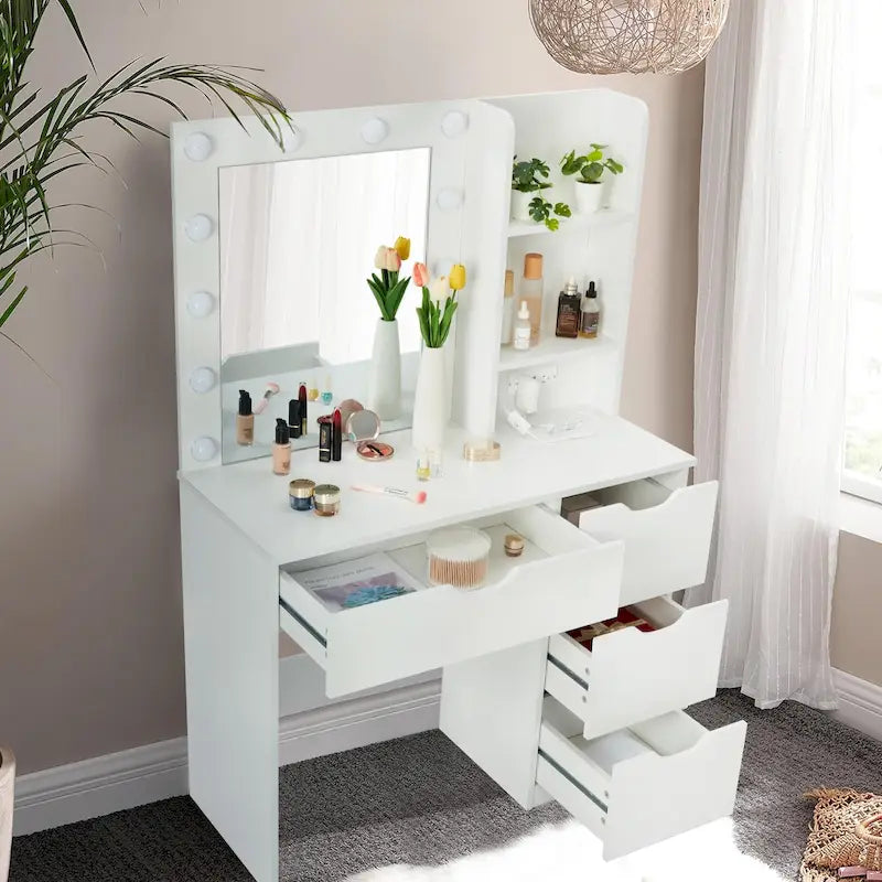 Tavolo da trucco con specchio LED, 4 cassetti e stazione di ricarica integrata – Nero / Bianco, Singolo
