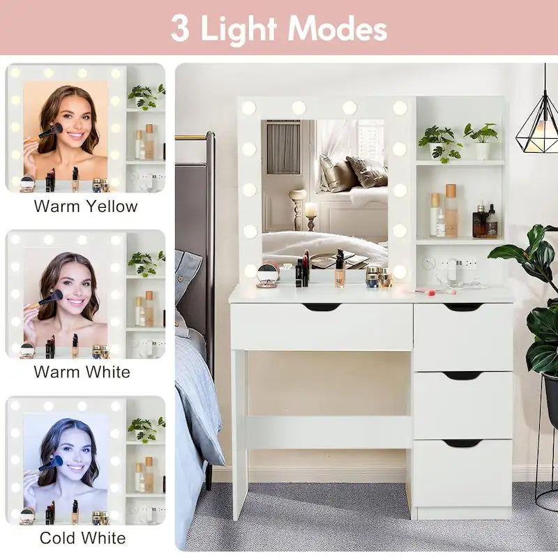 Tavolo da trucco con specchio LED, 4 cassetti e stazione di ricarica integrata – Nero / Bianco, Singolo