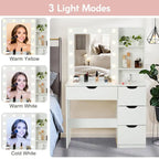 Tavolo da trucco con specchio LED, 4 cassetti e stazione di ricarica integrata – Nero / Bianco, Singolo