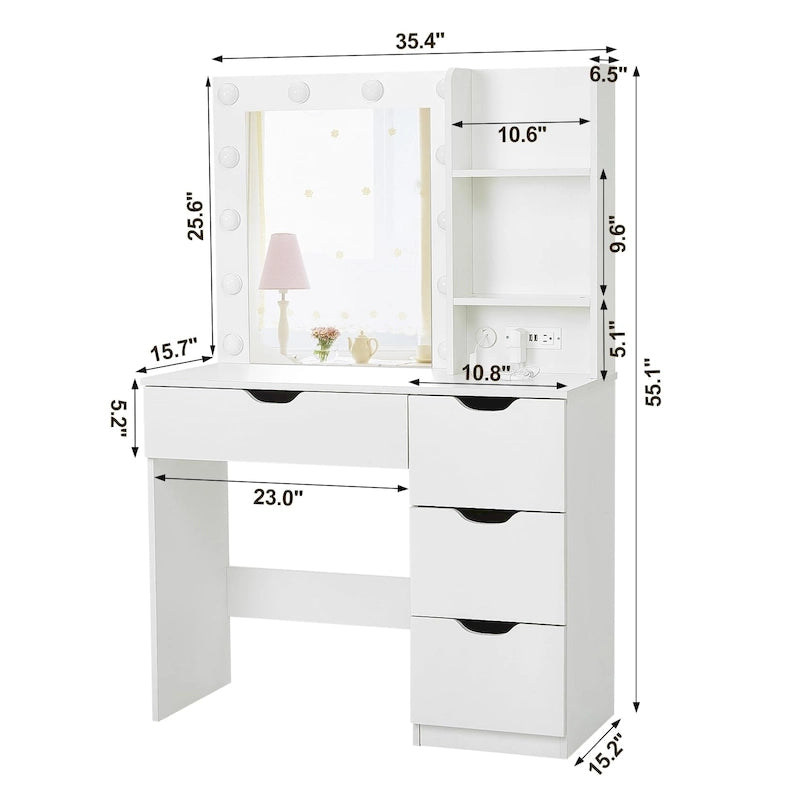 Tavolo da trucco con specchio LED, 4 cassetti e stazione di ricarica integrata – Nero / Bianco, Singolo