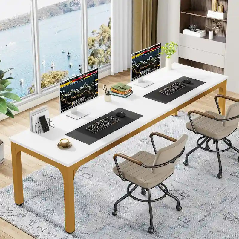 Scrivania per computer extra lunga per 2 persone con gambe in metallo e rinforzi triangolari – Colori multipli, Posti per 2