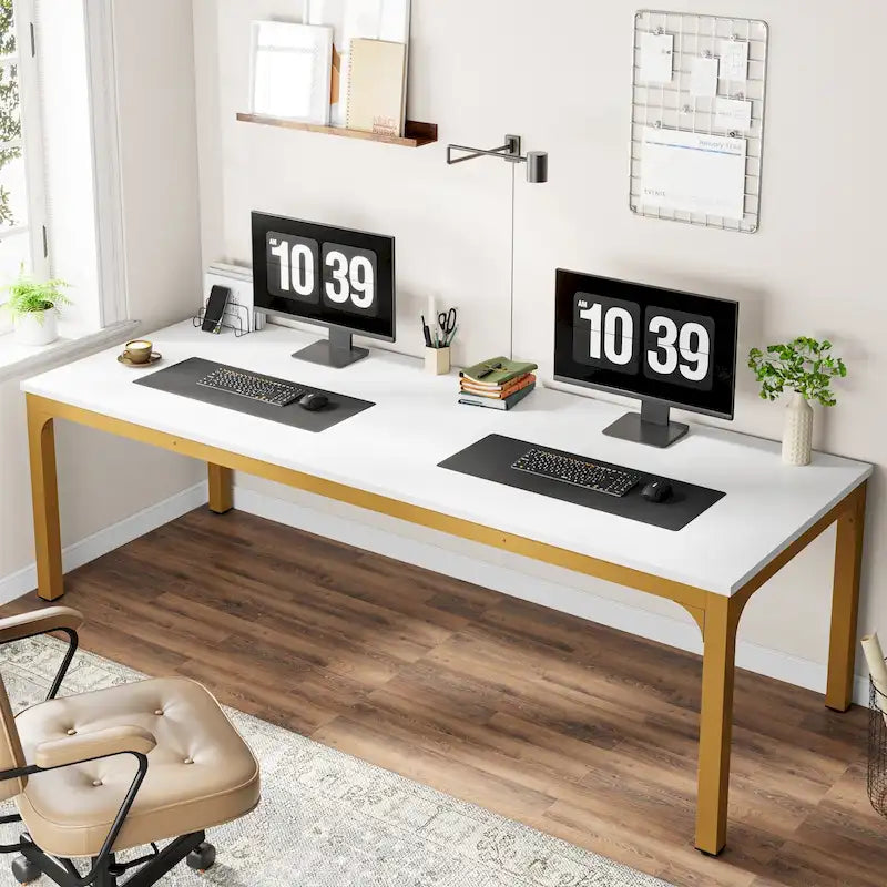 Scrivania per computer extra lunga per 2 persone con gambe in metallo e rinforzi triangolari – Colori multipli, Posti per 2