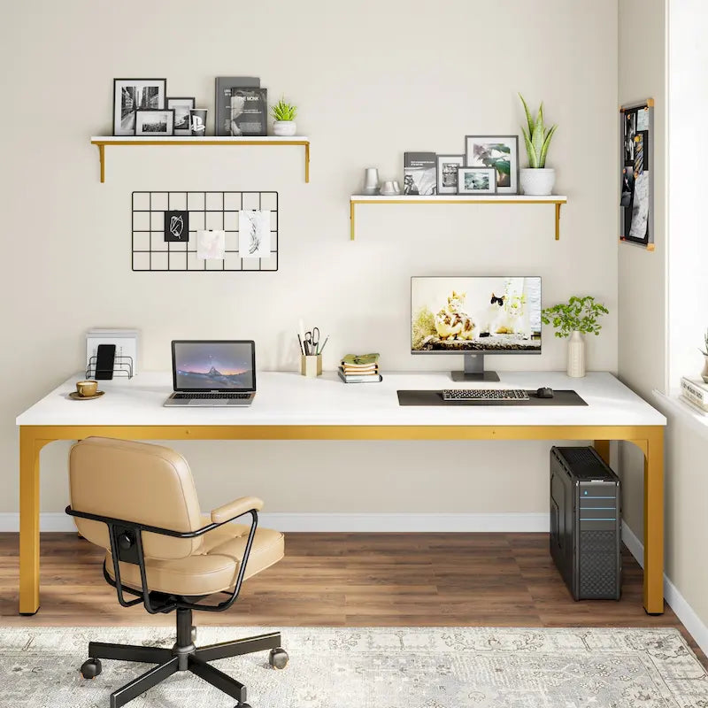 Scrivania per computer extra lunga per 2 persone con gambe in metallo e rinforzi triangolari – Colori multipli, Posti per 2