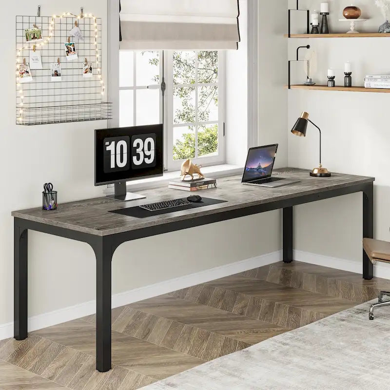 Scrivania per computer extra lunga per 2 persone con gambe in metallo e rinforzi triangolari – Colori multipli, Posti per 2
