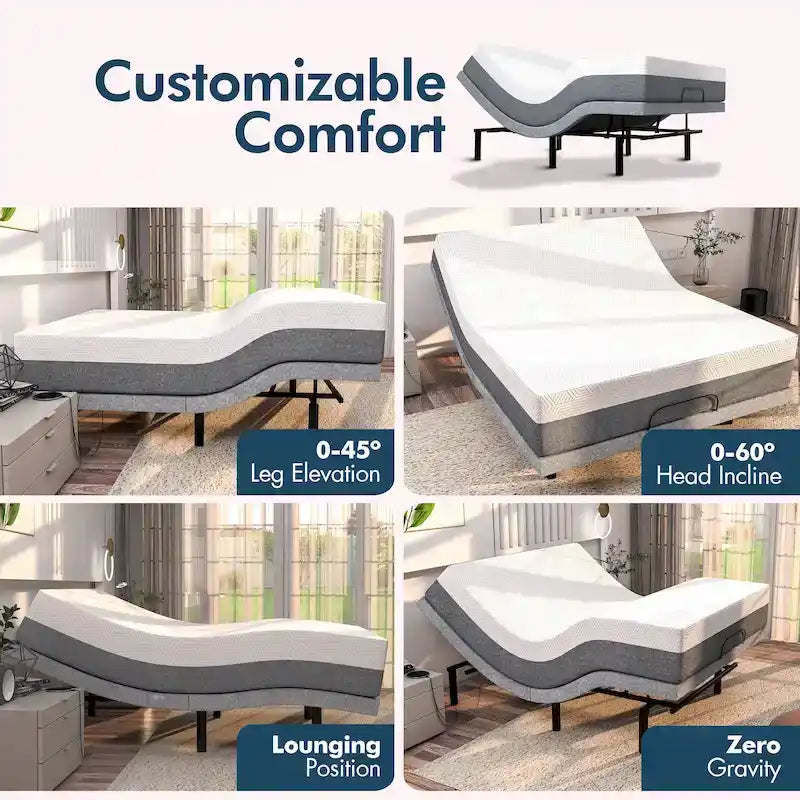 Base letto regolabile con materasso ibrido da 30 cm, doppio massaggio, porte USB e luce sotto il letto – Bianco/Grigio, singolo XL/una piazza e mezza/matrimoniale/king/king diviso/California king, per 1-2 persone