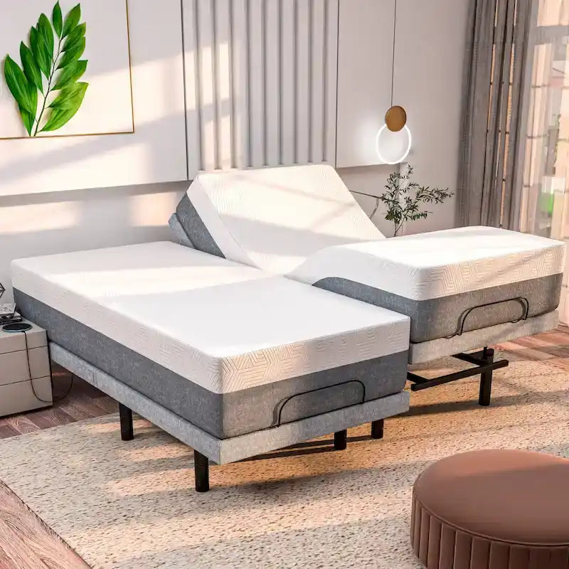Base letto regolabile con materasso ibrido da 30 cm, doppio massaggio, porte USB e luce sotto il letto – Bianco/Grigio, singolo XL/una piazza e mezza/matrimoniale/king/king diviso/California king, per 1-2 persone