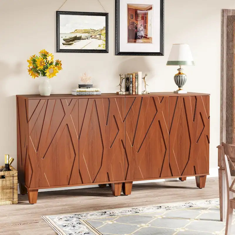 Madia/mobile credenza a 2 ante con molla, divisorio regolabile e gambe in legno massello – Marrone/Nero, singolo