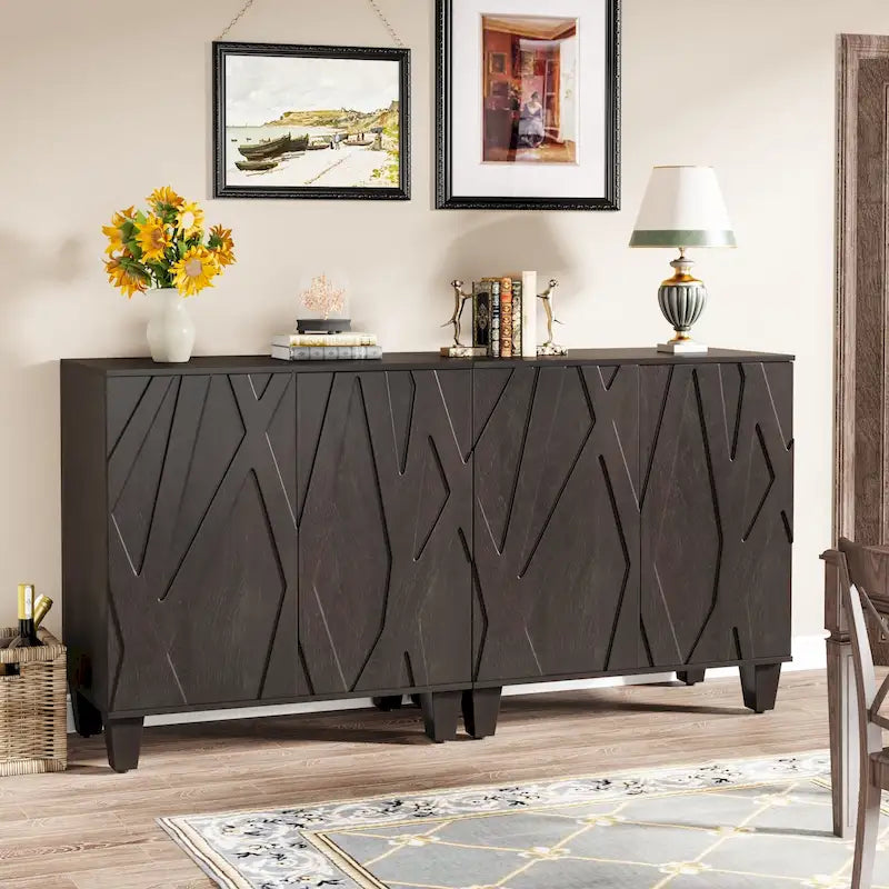 Madia/mobile credenza a 2 ante con molla, divisorio regolabile e gambe in legno massello – Marrone/Nero, singolo