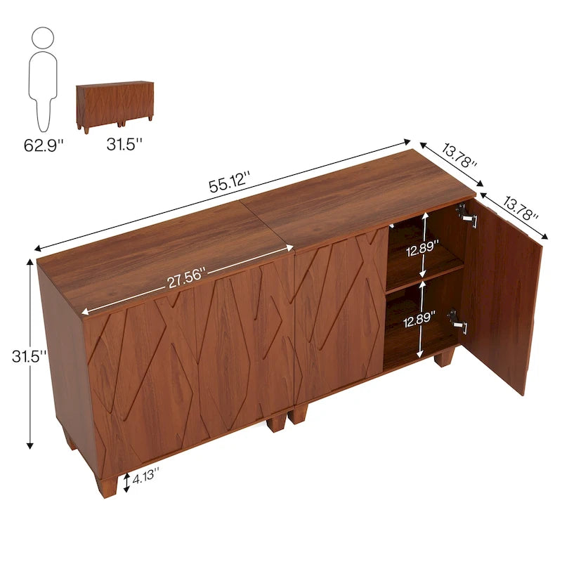 Madia/mobile credenza a 2 ante con molla, divisorio regolabile e gambe in legno massello – Marrone/Nero, singolo