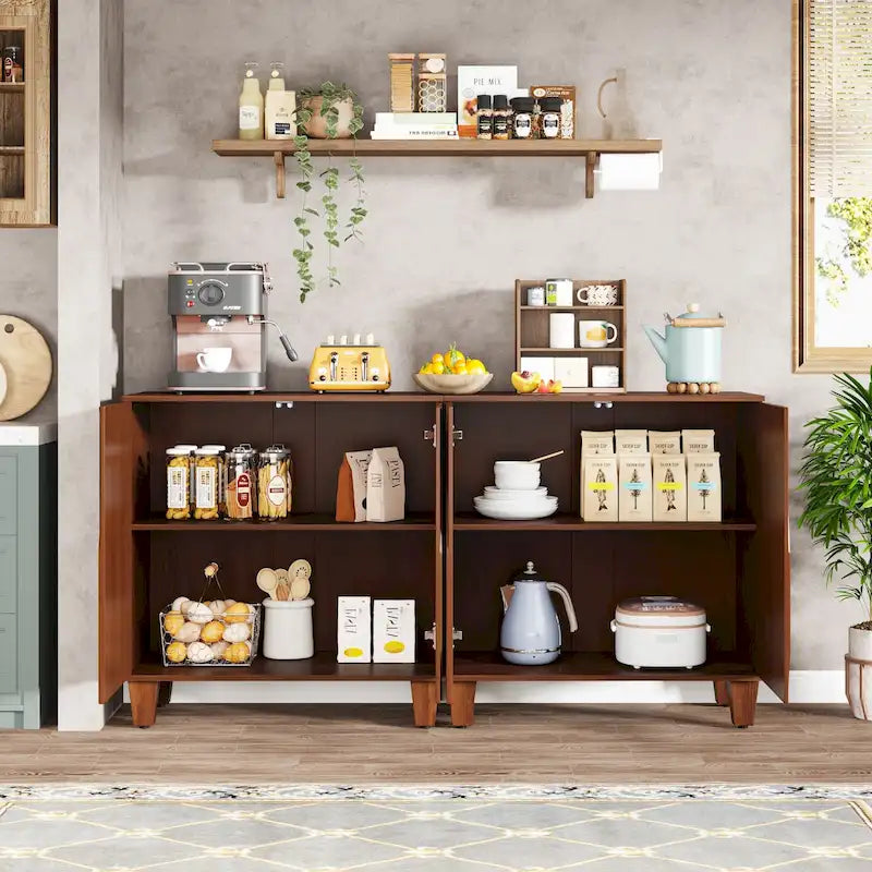 Madia/mobile credenza a 2 ante con molla, divisorio regolabile e gambe in legno massello – Marrone/Nero, singolo