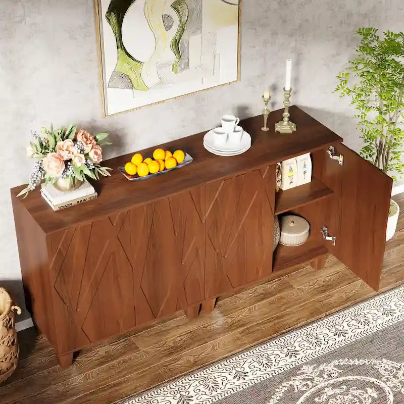 Madia/mobile credenza a 2 ante con molla, divisorio regolabile e gambe in legno massello – Marrone/Nero, singolo
