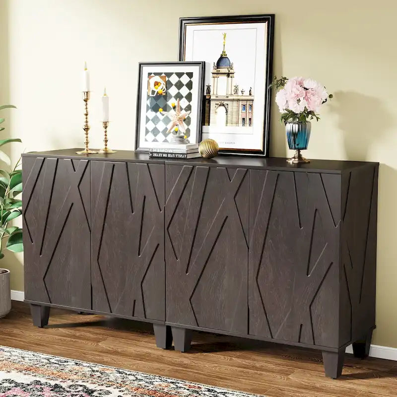 Madia/mobile credenza a 2 ante con molla, divisorio regolabile e gambe in legno massello – Marrone/Nero, singolo