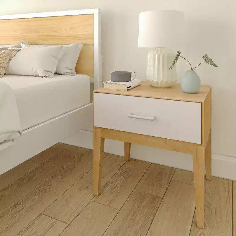 Comodino in legno Duo Plank+Beam con 1 cassetto, tavolino in legno per camera da letto, comodino, bianco/betulla
