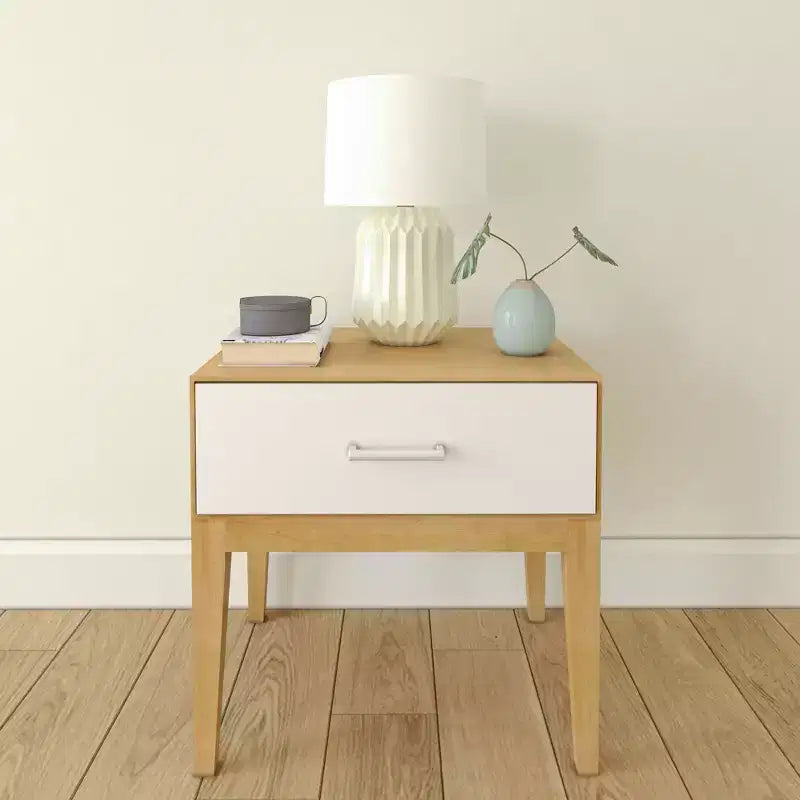 Comodino in legno Duo Plank+Beam con 1 cassetto, tavolino in legno per camera da letto, comodino, bianco/betulla