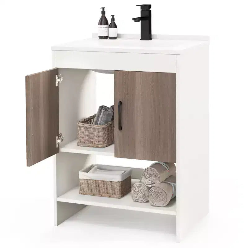 Mobile bagno Costway 25" con lavabo, ante, ripiano aperto, alzatina, rubinetto e piletta a scomparsa