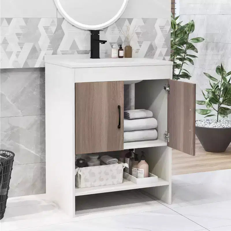 Mobile bagno Costway 25" con lavabo, ante, ripiano aperto, alzatina, rubinetto e piletta a scomparsa