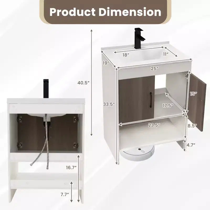Mobile bagno Costway 25" con lavabo, ante, ripiano aperto, alzatina, rubinetto e piletta a scomparsa