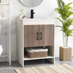 Mobile bagno Costway 25" con lavabo, ante, ripiano aperto, alzatina, rubinetto e piletta a scomparsa