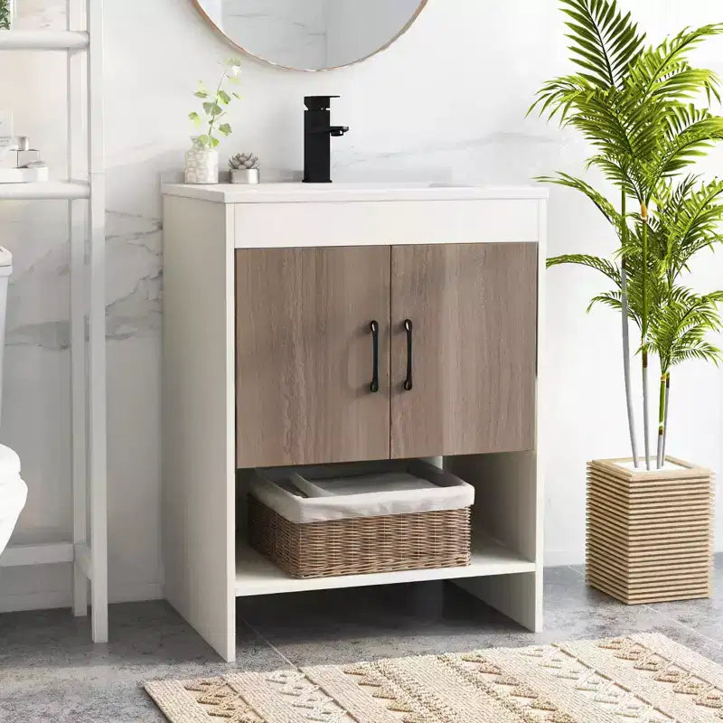 Mobile bagno Costway 25" con lavabo, ante, ripiano aperto, alzatina, rubinetto e piletta a scomparsa