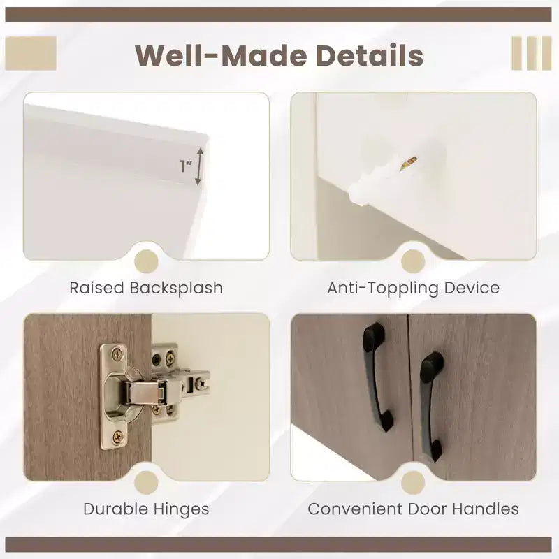 Mobile bagno Costway 25" con lavabo, ante, ripiano aperto, alzatina, rubinetto e piletta a scomparsa