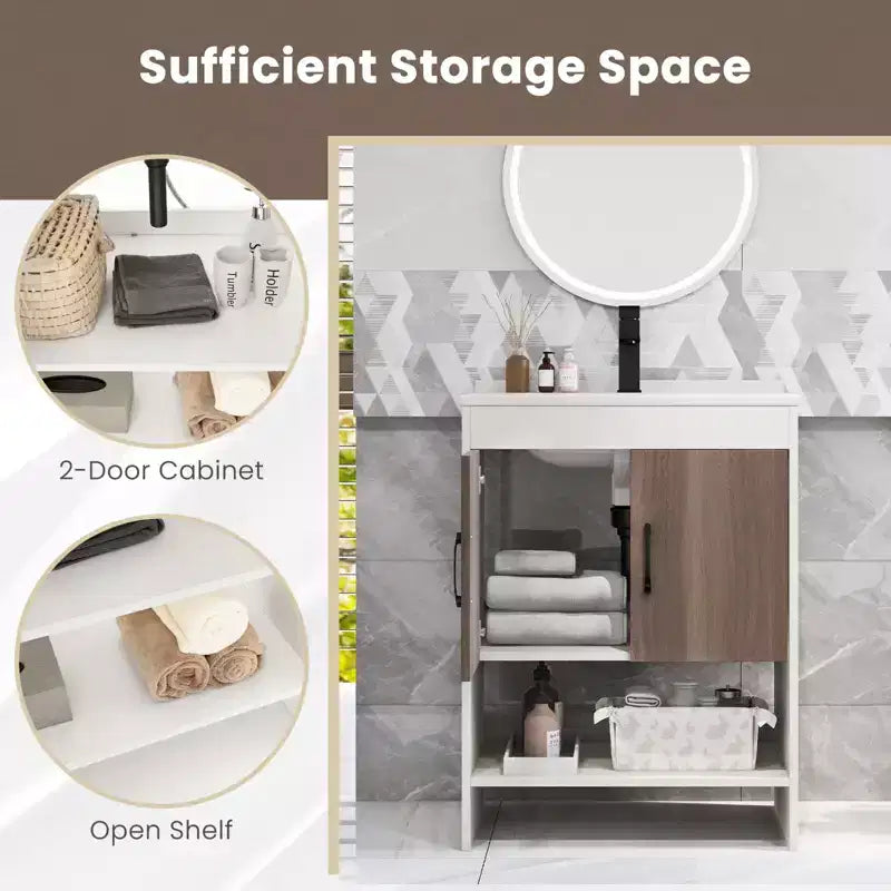Mobile bagno Costway 25" con lavabo, ante, ripiano aperto, alzatina, rubinetto e piletta a scomparsa