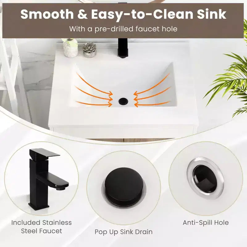 Mobile bagno Costway 25" con lavabo, ante, ripiano aperto, alzatina, rubinetto e piletta a scomparsa