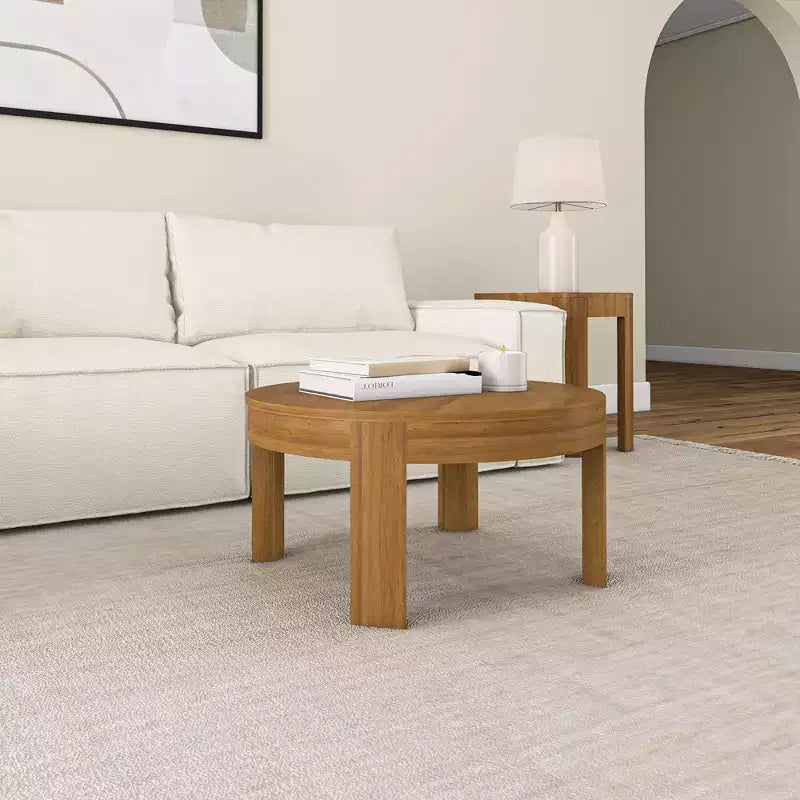 Tavolino da caffè rotondo a contorno in legno massello Plank+Beam, tavolino da caffè da 30 pollici, tavolini da caffè per soggiorno, tavolino moderno per piccoli spazi