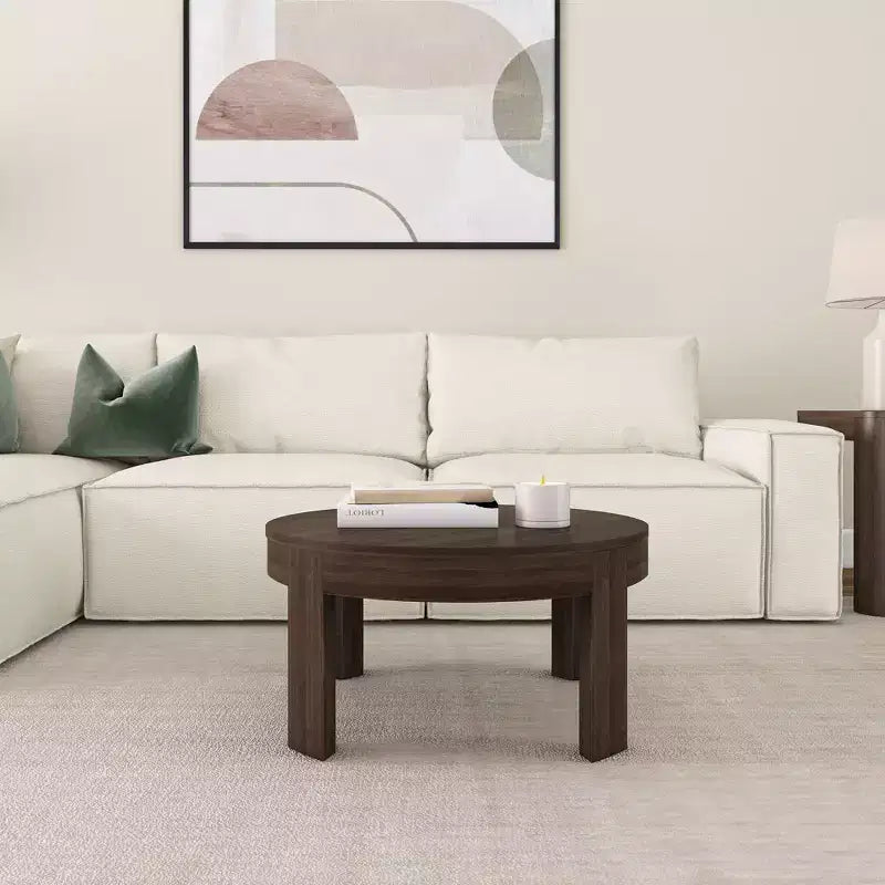 Tavolino da caffè rotondo a contorno in legno massello Plank+Beam, tavolino da caffè da 30 pollici, tavolini da caffè per soggiorno, tavolino moderno per piccoli spazi