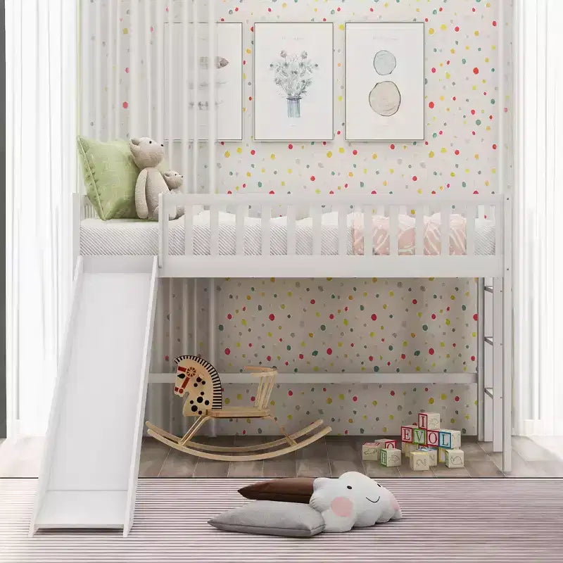 Letto a soppalco basso Full/Twin con scaletta e scivolo, struttura letto in legno, non necessita di box spring - HABITRIO