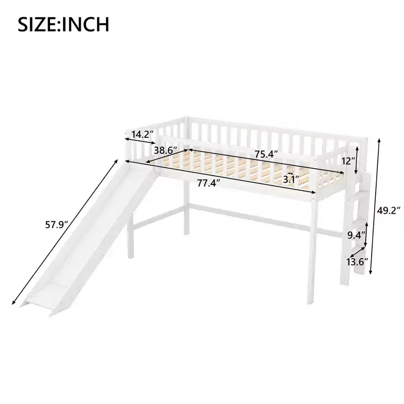Letto a soppalco basso Full/Twin con scaletta e scivolo, struttura letto in legno, non necessita di box spring - HABITRIO