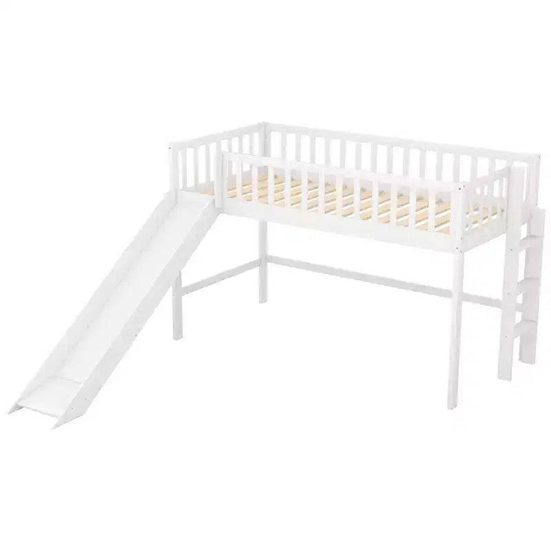 Letto a soppalco basso Full/Twin con scaletta e scivolo, struttura letto in legno, non necessita di box spring - HABITRIO