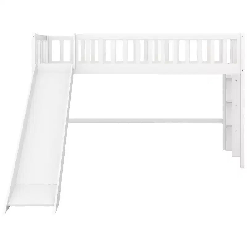Letto a soppalco basso Full/Twin con scaletta e scivolo, struttura letto in legno, non necessita di box spring - HABITRIO