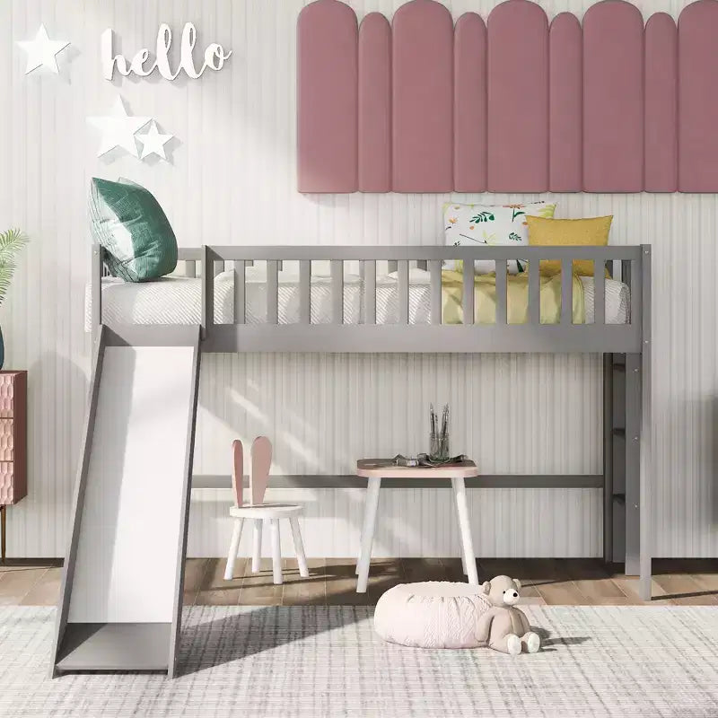 Letto a soppalco basso Full/Twin con scaletta e scivolo, struttura letto in legno, non necessita di box spring - HABITRIO