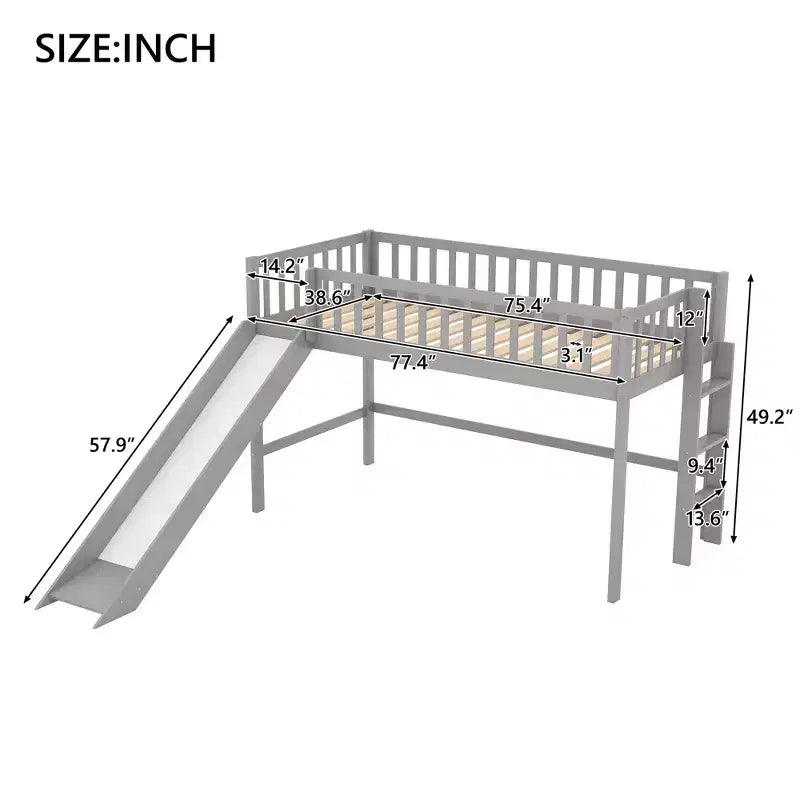 Letto a soppalco basso Full/Twin con scaletta e scivolo, struttura letto in legno, non necessita di box spring - HABITRIO